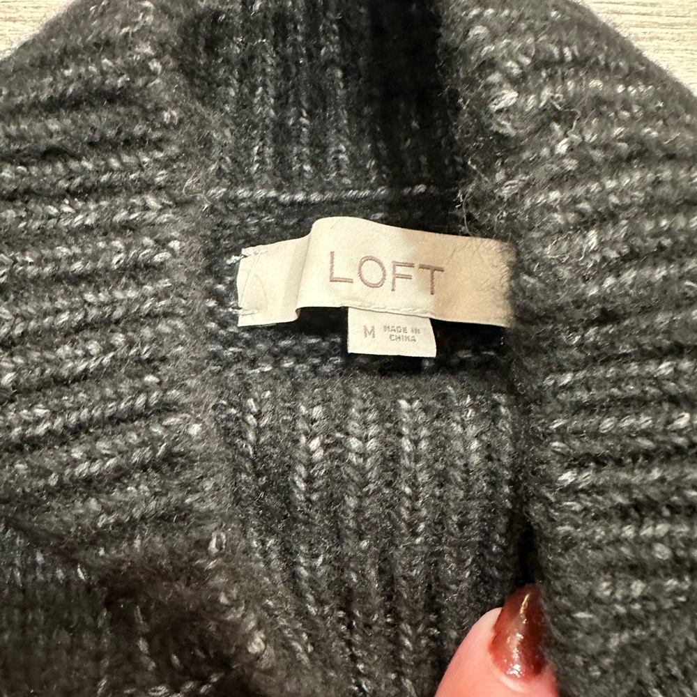 Women’s LOFT Boho Fringe Mock Neck Knit Sweater in Charcoal - Picture 6 of 7